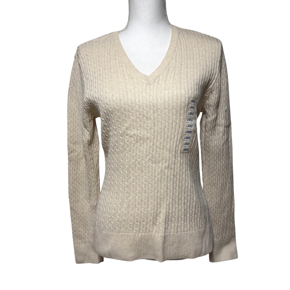 Jeanne Pierre Womens V-Neck‎ Cable Knit Cotton Sweater Cream 5101F10 L